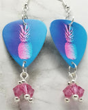 Blue and Pink Pineapple Guitar Pick Earrings with Pink Swarovski Crystal Dangles
