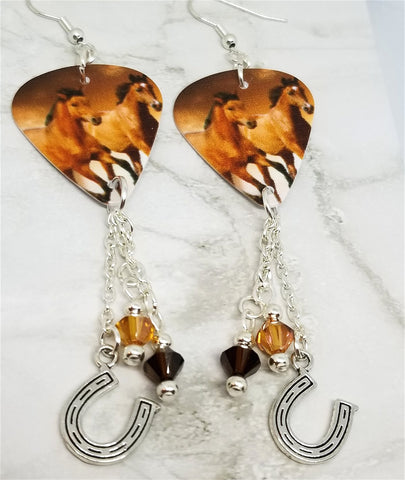 Two Horses Guitar Pick Earrings with Swarovski Crystal and Horseshoe Charm Dangles