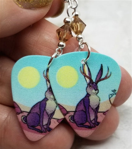 Jackalope Guitar Pick Earrings with Smoked Topaz Swarovski Crystals