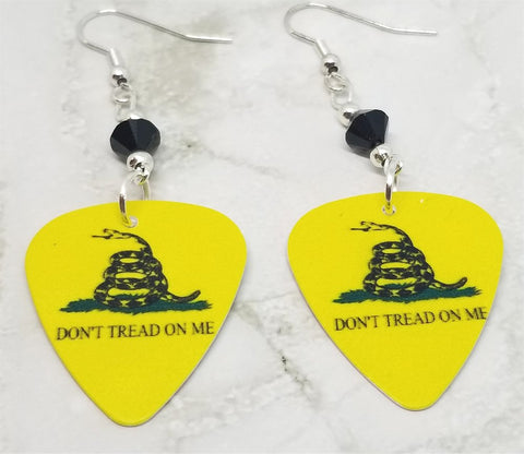 Don't Tread on Me Gadsden Flag Guitar Pick Earrings with Black Swarovski Crystals