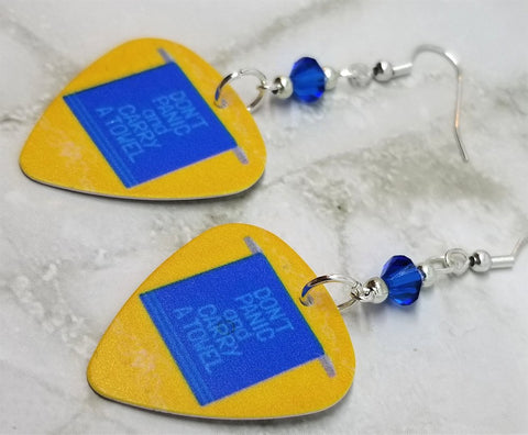 Don't Panic and Carry a Towel Guitar Pick Earrings with Blue Swarovski Crystals