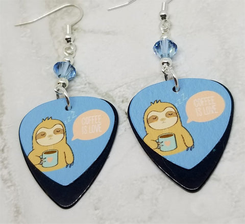 Sloth with Coffee Guitar Pick Earrings with Blue Swarovski Crystals