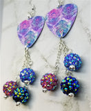 Beautifully Colored Peacock Feathers Guitar Pick Earrings with Pave Bead Dangles