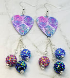 Beautifully Colored Peacock Feathers Guitar Pick Earrings with Pave Bead Dangles