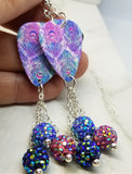 Beautifully Colored Peacock Feathers Guitar Pick Earrings with Pave Bead Dangles
