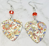 Orange, Blue and Green Flower Patterned Guitar Pick Earrings with Hyacinth Swarovski Crystals