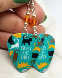 Crazy Cat Lady Guitar Pick Earrings with Orange Swarovski Crystals