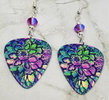 Colorful Flowered Guitar Pick Earrings with Fuchsia ABx2 Swarovski Crystals