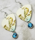 Vintage Style Bird Illustration Guitar Pick Earrings with Aqua Blue Crystal Charms