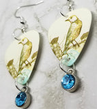 Vintage Style Bird Illustration Guitar Pick Earrings with Aqua Blue Crystal Charms