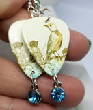 Vintage Style Bird Illustration Guitar Pick Earrings with Aqua Blue Crystal Charms