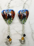 Running Horses Guitar Pick Earrings with Swarovski Crystal and Horseshoe Charm Dangles