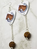 Horse and Horseshoe Guitar Pick Earrings with Brown Pave Bead Dangles