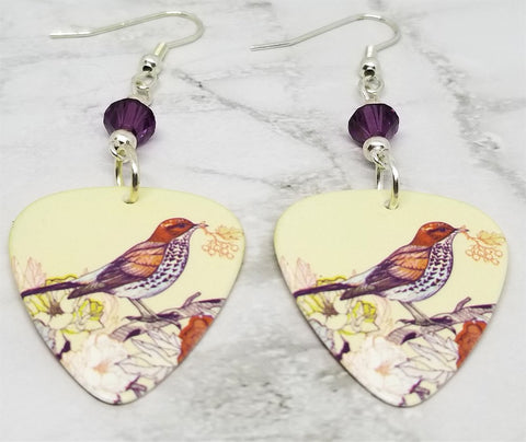 Song Bird Guitar Pick Earrings with Amethyst Swarovski Crystals