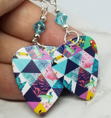 Tropical Birds Guitar Pick Earrings with Aquamarine Swarovski Crystals