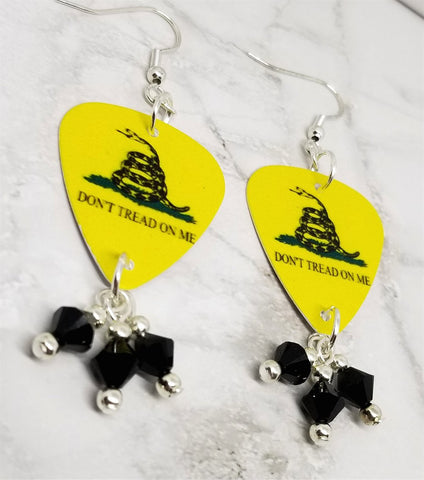 Don't Tread on Me Gadsden Flag Guitar Pick Earrings with Black Swarovski Crystal Dangles