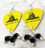 Don't Tread on Me Gadsden Flag Guitar Pick Earrings with Black Swarovski Crystal Dangles