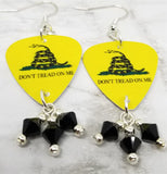 Don't Tread on Me Gadsden Flag Guitar Pick Earrings with Black Swarovski Crystal Dangles