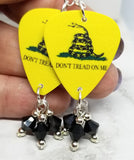 Don't Tread on Me Gadsden Flag Guitar Pick Earrings with Black Swarovski Crystal Dangles