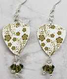 Green Flowered Guitar Pick Earrings with Khaki Swarovski Crystal Dangles