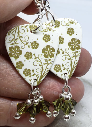 Green Flowered Guitar Pick Earrings with Khaki Swarovski Crystal Dangles