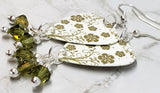 Green Flowered Guitar Pick Earrings with Khaki Swarovski Crystal Dangles
