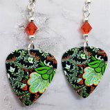 Black, Green and Orange Flowered Guitar Pick Earrings with Swarovski Crystals