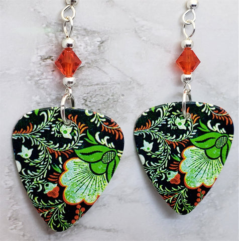 Black, Green and Orange Flowered Guitar Pick Earrings with Swarovski Crystals