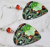 Black, Green and Orange Flowered Guitar Pick Earrings with Swarovski Crystals