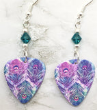 Beautifully Colored Peacock Feathers Guitar Pick Earrings with Teal Swarovski Crystals