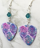 Beautifully Colored Peacock Feathers Guitar Pick Earrings with Teal Swarovski Crystals