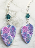 Beautifully Colored Peacock Feathers Guitar Pick Earrings with Teal Swarovski Crystals