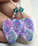 Beautifully Colored Peacock Feathers Guitar Pick Earrings with Teal Swarovski Crystals