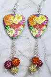 Beautiful Peonies Guitar Pick Earrings with Pave Bead Dangles