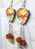Beautiful Peonies Guitar Pick Earrings with Pave Bead Dangles