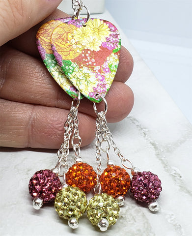 Beautiful Peonies Guitar Pick Earrings with Pave Bead Dangles