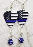 American Flag with Blue Line Police Support Guitar Pick Earrings with Blue and White Striped Pave Bead Dangles