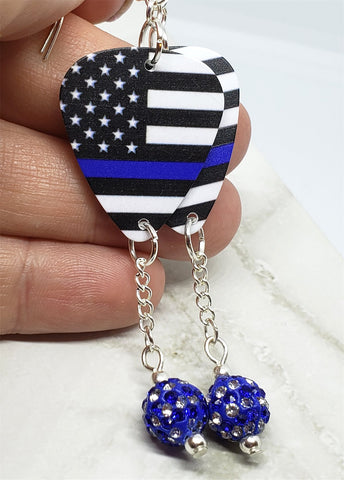 American Flag with Blue Line Police Support Guitar Pick Earrings with Blue and White Striped Pave Bead Dangles