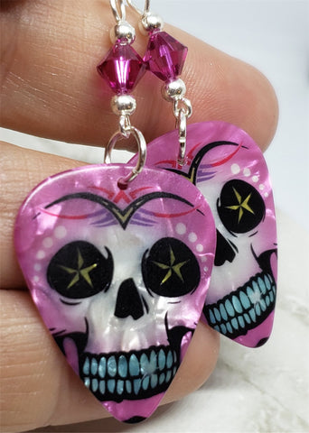 Skull with Fuchsia Shading Guitar Pick Earrings with Fuchsia Swarovski Crystals