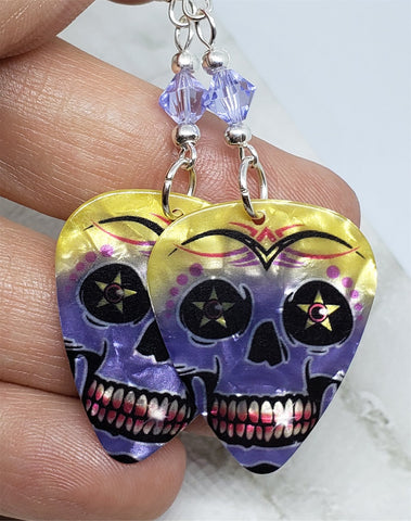 Purple and Yellow Skull Guitar Pick Earrings with Purple Swarovski Crystals