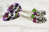 Skull with Rose Guitar Pick Earrings with Rose Charm and Swarovski Crystal Dangles
