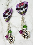 Skull with Rose Guitar Pick Earrings with Rose Charm and Swarovski Crystal Dangles