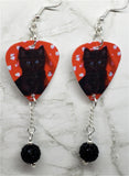 Black Cat Kitten Guitar Pick Earrings with Black Pave Bead Dangles