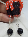 Black Cat Kitten Guitar Pick Earrings with Black Pave Bead Dangles