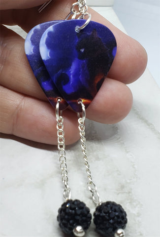 Black Cat Guitar Pick Earrings with Black Pave Bead Dangles