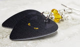Black Cat with Yellow Eyes Guitar Pick Earrings with Golden Yellow Swarovski Crystals
