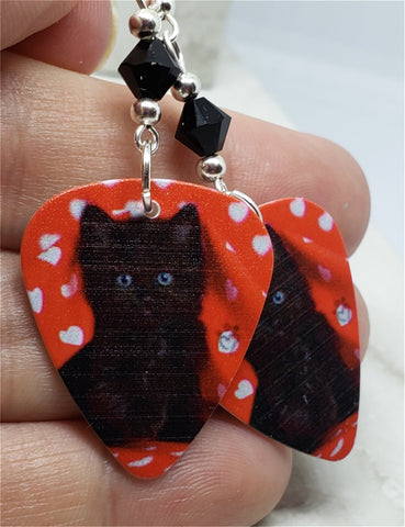 Black Cat Kitten Guitar Pick Earrings with Black Swarovski Crystals