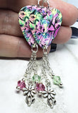 Colorful Flowered Guitar Pick Earrings with Flower Charm and Swarovski Crystal Dangles