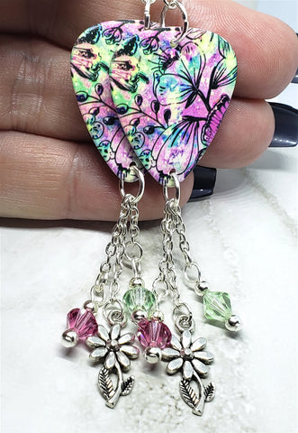 Colorful Flowered Guitar Pick Earrings with Flower Charm and Swarovski Crystal Dangles