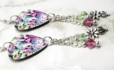 Colorful Flowered Guitar Pick Earrings with Flower Charm and Swarovski Crystal Dangles